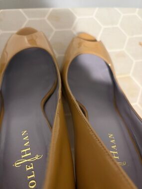 Cole Haan Glossy Camel Patent Peep-Toe Flats